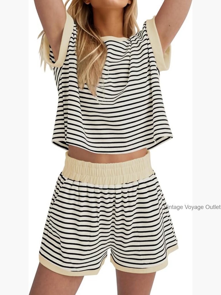 Large Ribbed Knit Lounge Set Short Sleeve Tee Mini Shorts Pajama